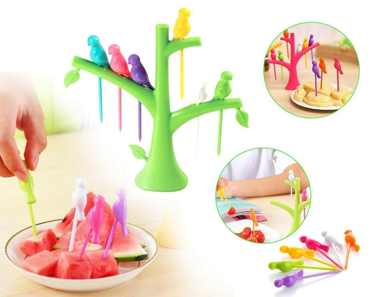 Bird Plastic Fruit Fork Pack with Stand (6 Pcs) - HalfPe