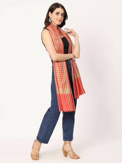 Orange Blue Multicolour Check Shawl for women - HalfPe