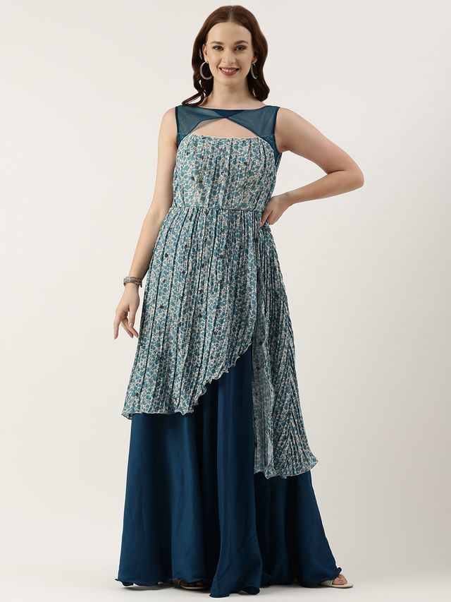 Bollywood Vogue Ready To Wear Cream N Blue Chinon Printed Maxi Dress
