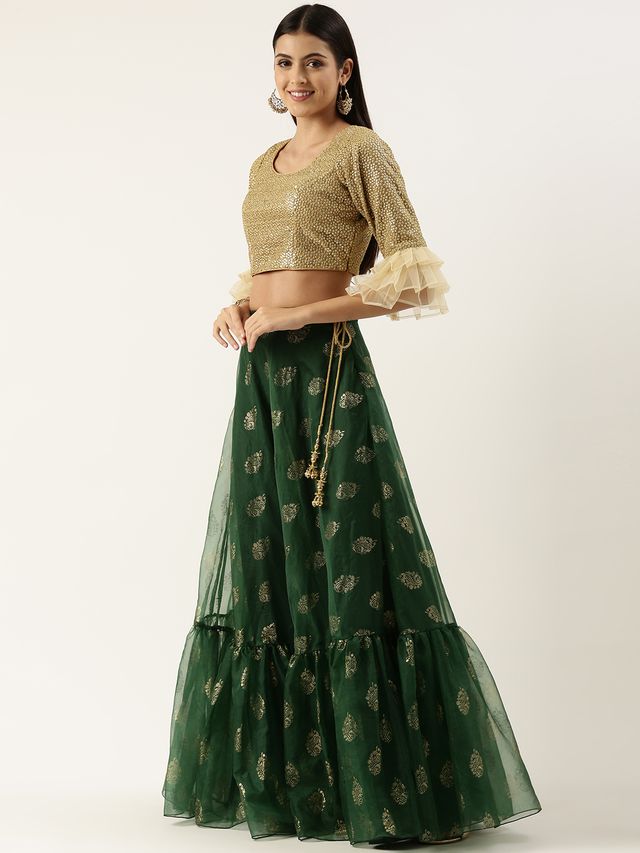 Bollywood Vogue Ready To Wear Green N Gold Organza Embroidered Lehenga