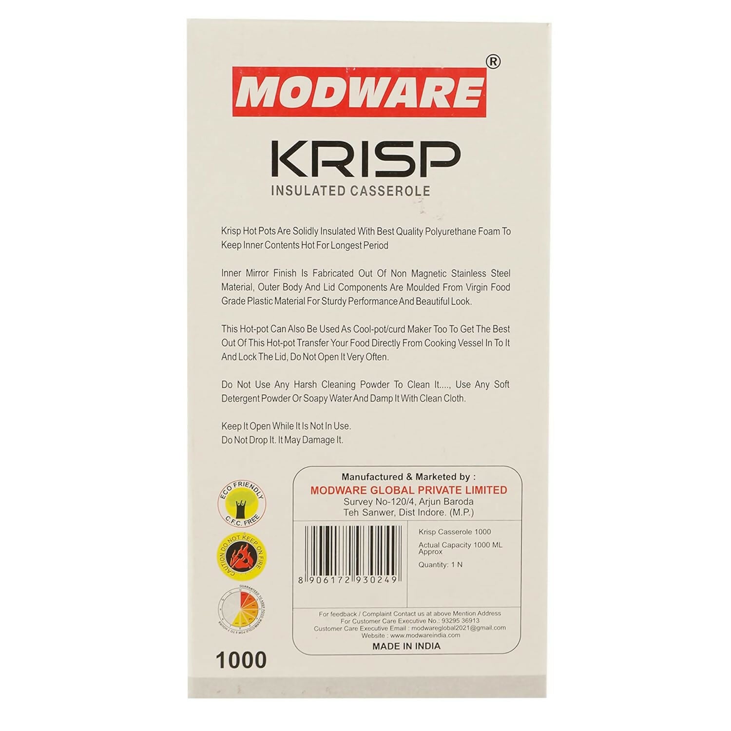 Modware KRISP Insulated Casserole (1000 ml) – Hot & Cold Food Storage, Stainless Steel Inner, BPA-Free, Twist Lock Lid