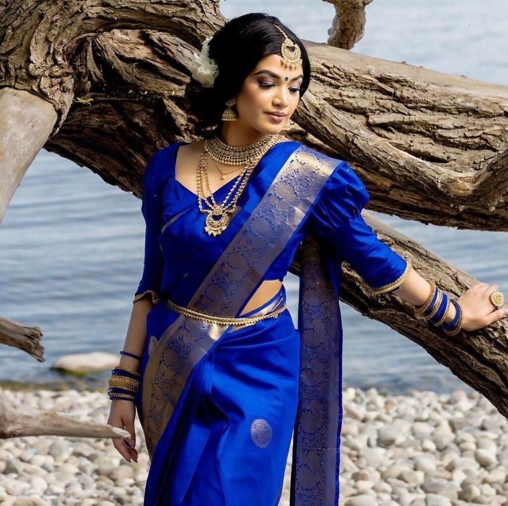 AXONIT Classic Royal Blue Banarasi Silk Saree with Silver Zari Border