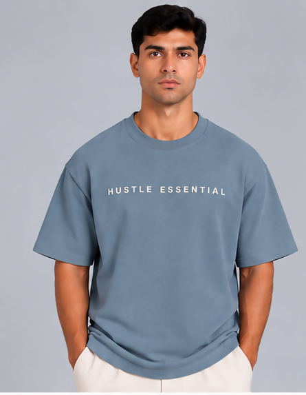 HUSTLE Men's Crew Neck Oversized T-Shirt – Dusty Blue