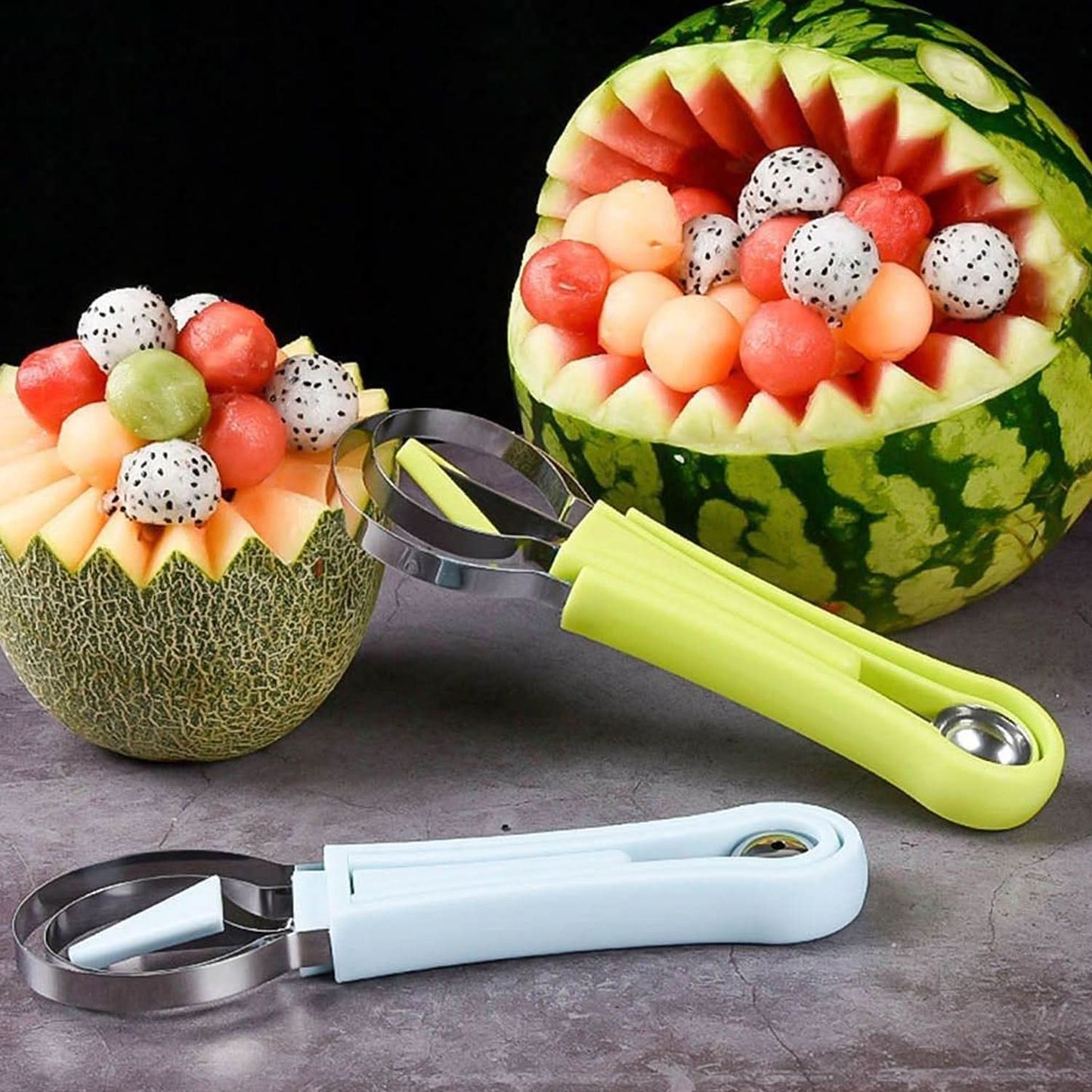 4-in-1 Stainless Steel Melon Baller & Fruit Scoop – Dual-Sided Tool for Scooping, Seeding & Shaping