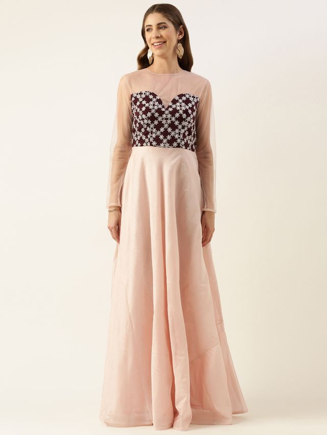 Bollywood Vogue Ready To Wear Peach N Dark Wine Muslin Sequins Embroidered Gown