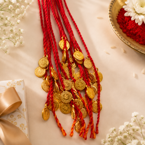 Traditional Red Thread Golden Coin Rakhi – Set of 12 Pieces in One Pack
