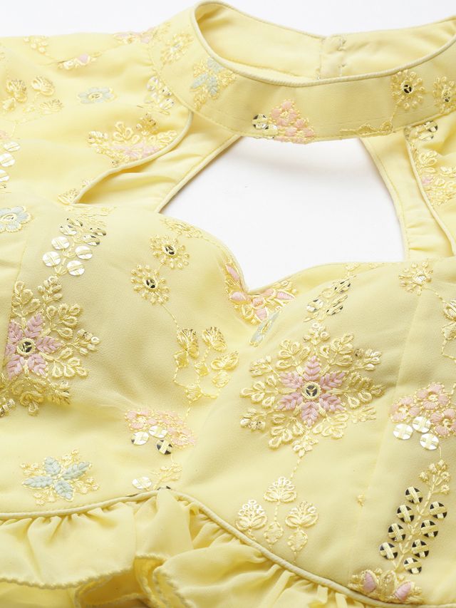 Bollywood Vogue Ready To Wear Yellow Georgette Embroidered Pink Lehenga Set