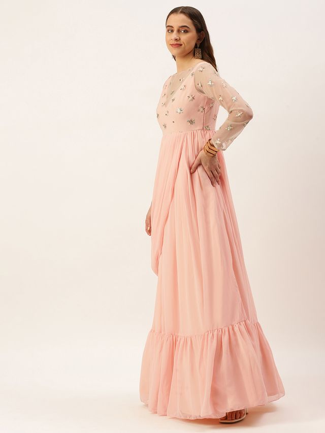 Bollywood Vogue Ready To Wear White Net Embroidered Peach Georgette Gown