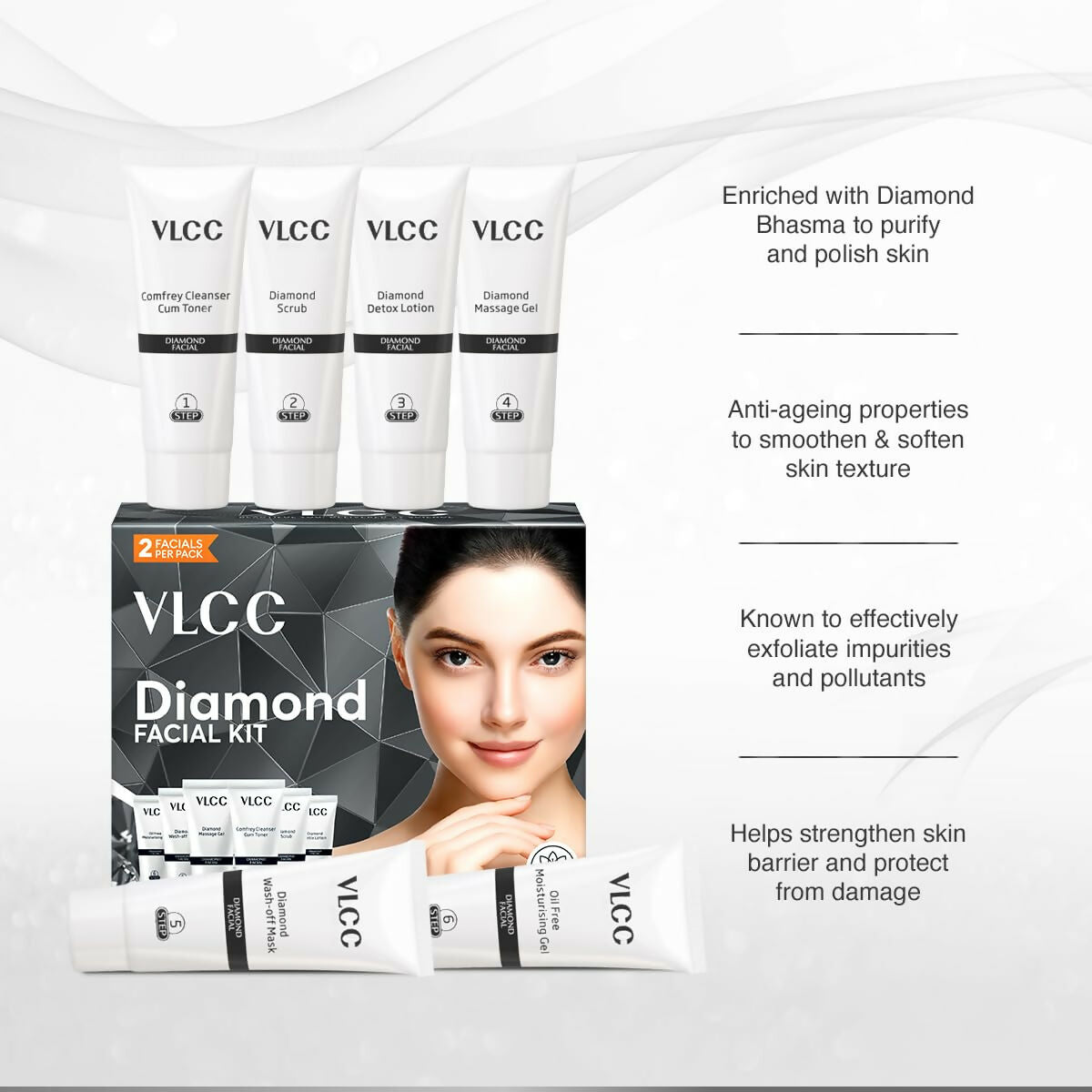VLCC Diamond Facial Kit - 60g | Purifying with Parlour Glow | Improves Elasticity, Brightens and Helps Lighten Patchy, Damaged Skin | with Colloidal Diamond, Aloe Vera, Jojoba & Olive Oil