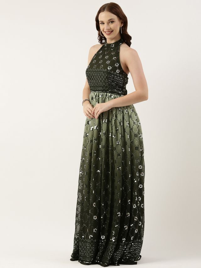 Bollywood Vogue Ready To Wear Green Georgette Embroidered Halter Neck Gown