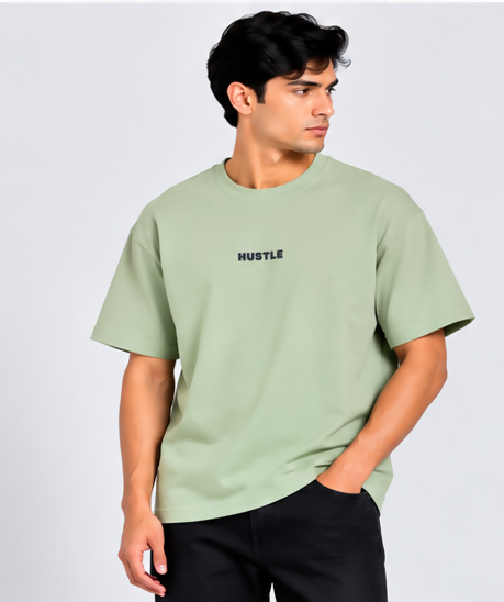 HUSTLE Essentials Men's Crew Neck Oversized T-Shirt – Light Sage Green(Oversized fit)