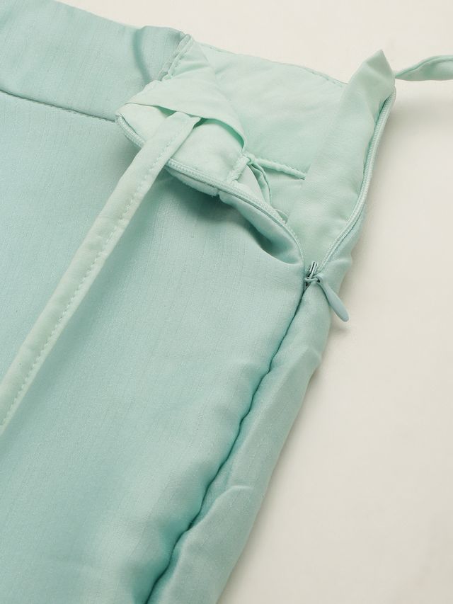 Bollywood Vogue Ready To Wear Light Blue Net Embroidered N Green Satin Skirt Set