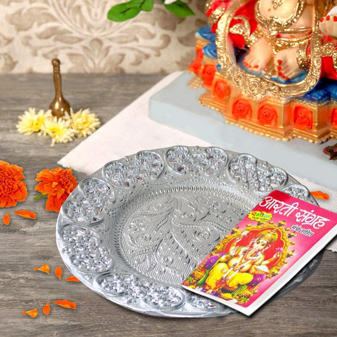 Silver Plated Swastik Pooja Thali Set Glossy Puja Thali HP DD