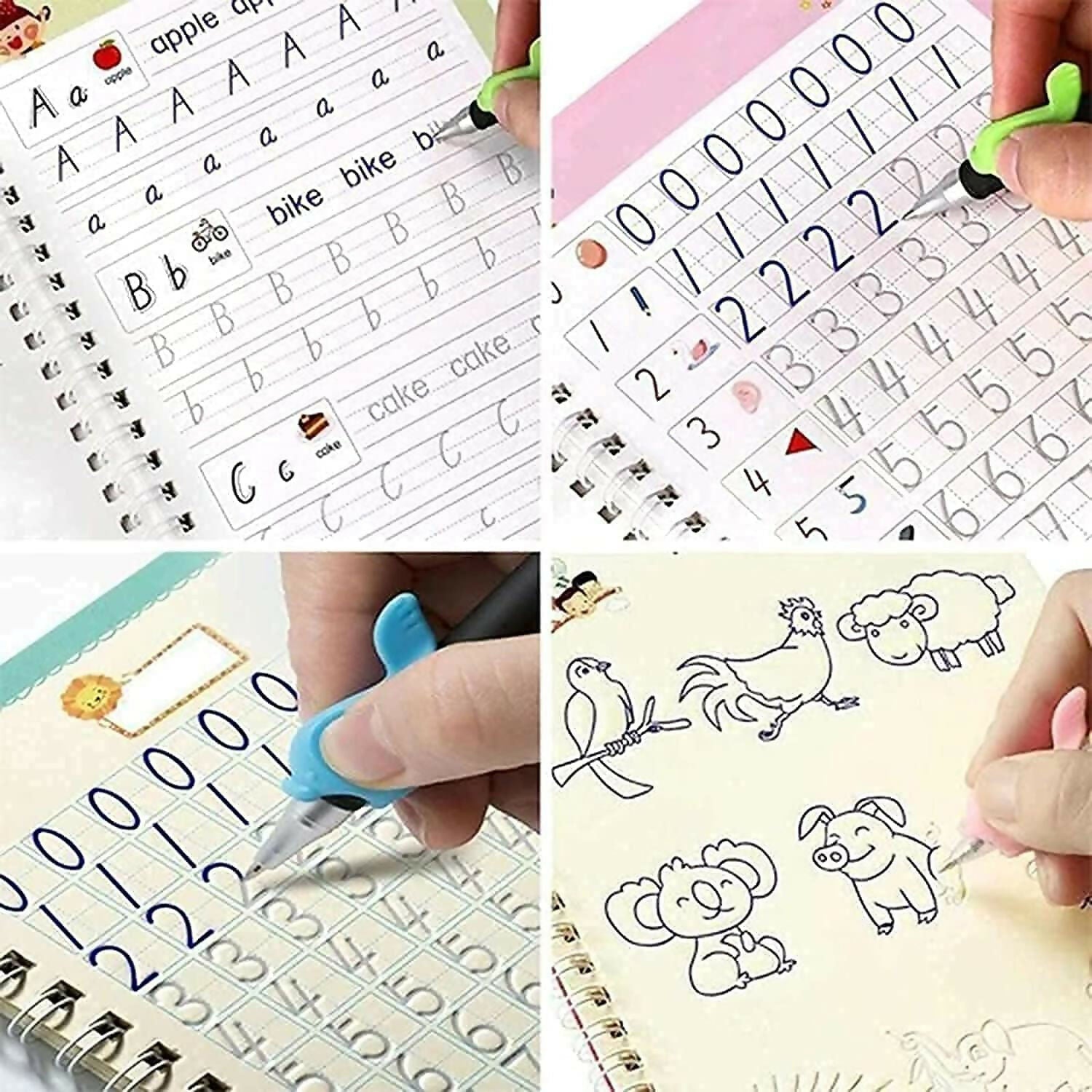 Magic Practice Copybook Set for Kids 4 Reusable Books with Pen, 10 Refills & Grip Number Tracing, Handwriting & Calligraphy Learning Set for Preschoolers