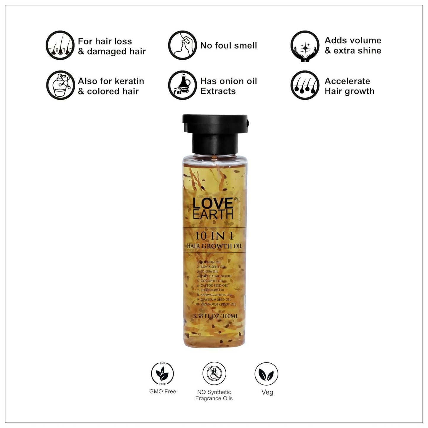 Love Earth 10 In 1 Hair Growth Oil|Soybean Oil, Black Seed Oil, Jojoba Oil, Sweet Almond Oil, Coconut Oil, Castor Seed Oil, Spikenard Oil, Ashwagandha Oil, Graecum Seed Oil, Zizanoides Root Oil 100ml