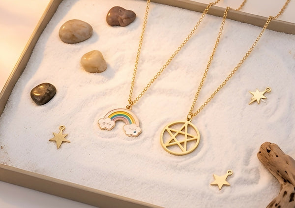 Set of 2 Rainbow & Star Pendant Necklaces – Gold-Plated Jewelry