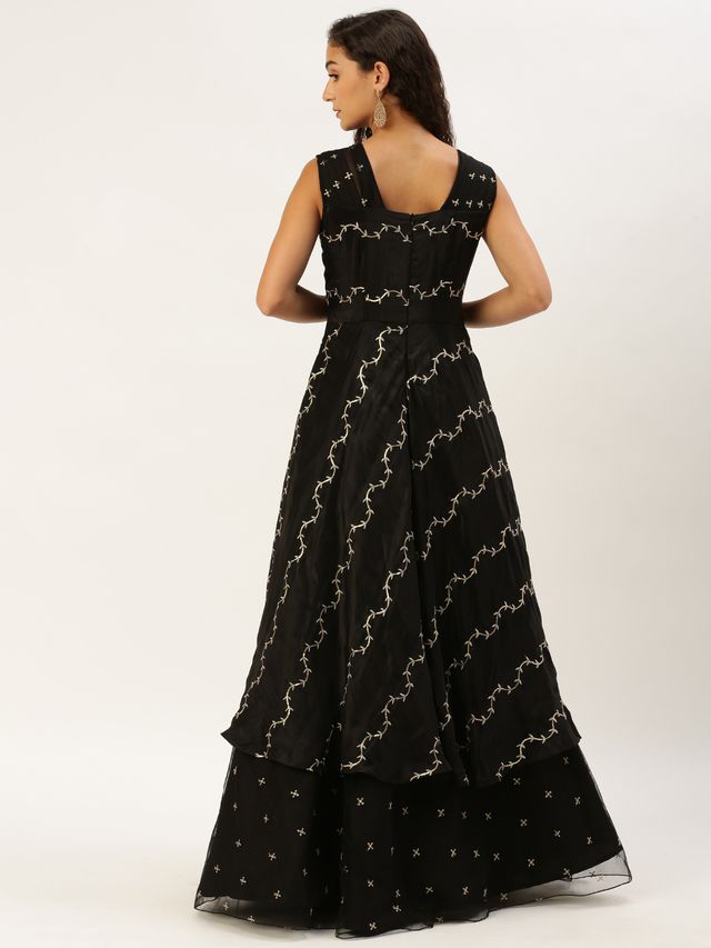 Bollywood Vogue Ready To Wear Black Viscose Embroidered Layered Gown