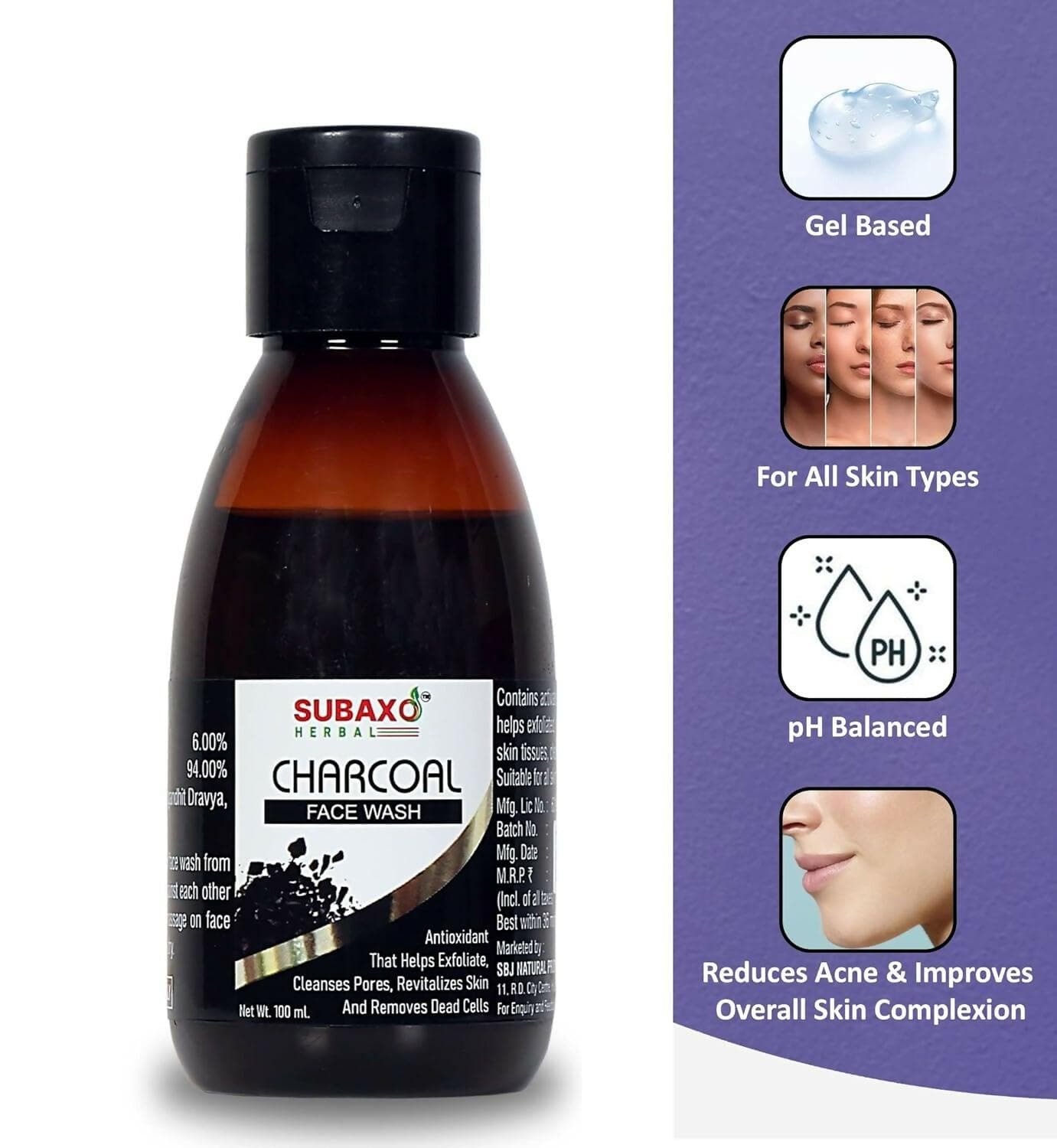 Subaxo Herbal Charcoal Face Wash, Clean Pores & Remove Dead Cells (100ml, Pack of 2) - HalfPe