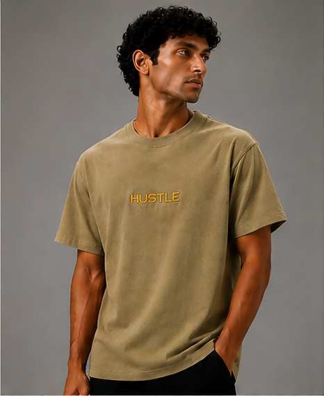 HUSTLE Men's Oversized Fit Crew Neck T-Shirt – Light Olive Khaki(Oversized fit)