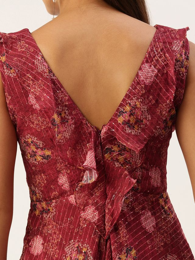 Bollywood Vogue Ready To Wear Wine Georgette Digital Print V Neck Gown