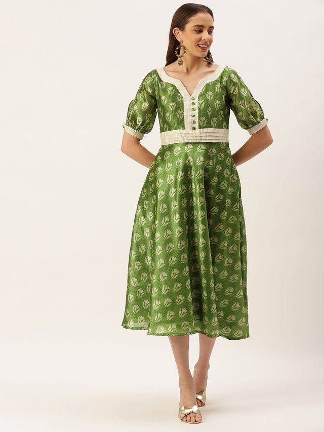 Bollywood Vogue Ready To Wear Green Art Silk Digital Printed Dress
