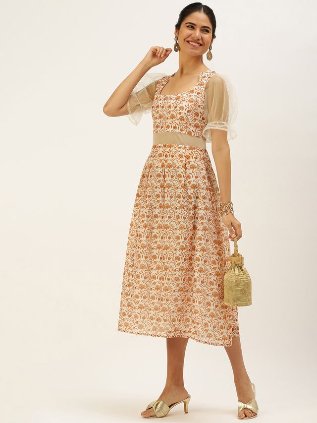 Bollywood Vogue Ready To Wear White Digital Printed Art Silk Dress