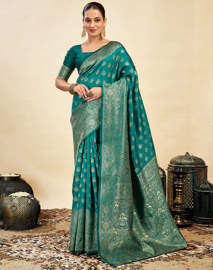 Royal Emerald Jacquard Saree with Golden Zari Work & Heavy Brocade Border