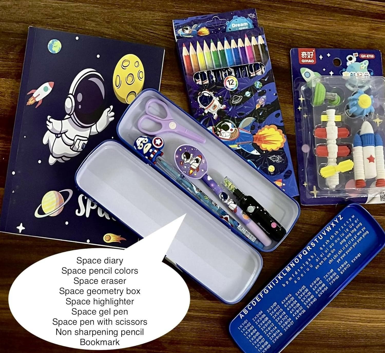 Le Delite Space Theme Diary combo with color pencil, geometry box case, scissors pen-pencil, highlighter, bookmark & astronaut eraser set (pack of 8 items) - HalfPe