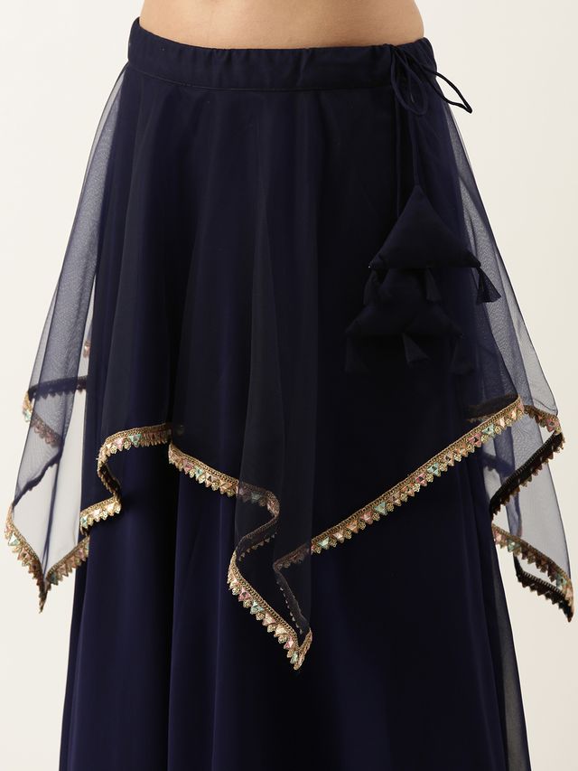 Bollywood Vogue Ready To Wear Navy Blue N Peach Embroidered Lehenga Set