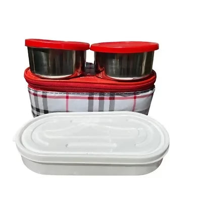 Multispace Stylish Cream Check Lunch Box with 3 Containers & Insulated Bag