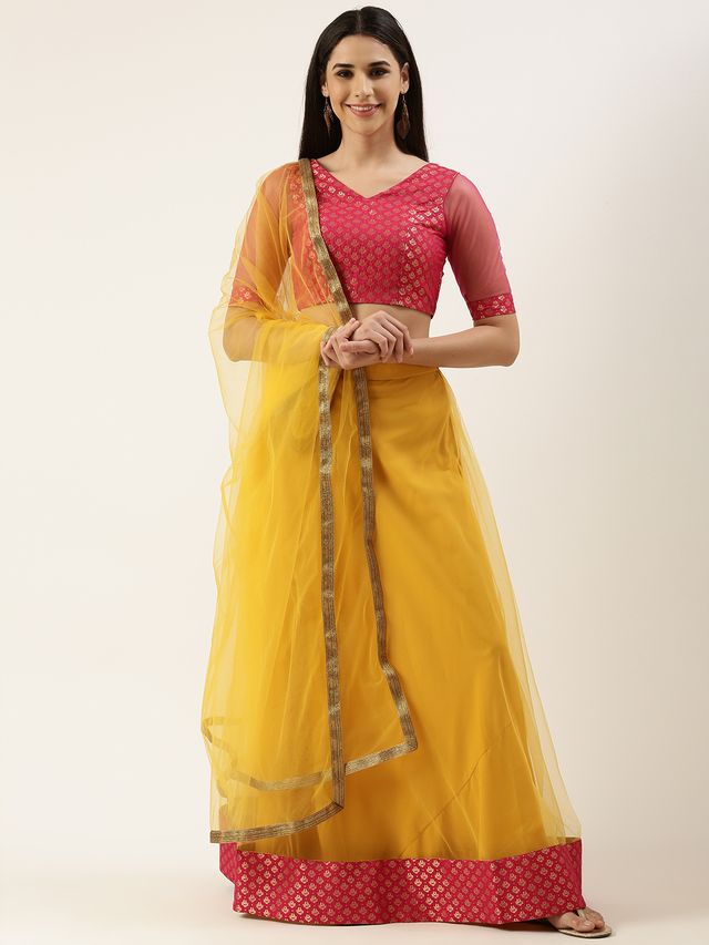 Bollywood Vogue Ready To Wear Pink Jacquard Art Silk N Yellow Net Lehenga