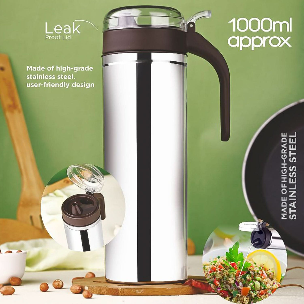 Apex Stainless Steel Oil Pourer – 1000ml Approx., Rust-Proof Dispenser for Kitchen Use (1 Pc) HP DD