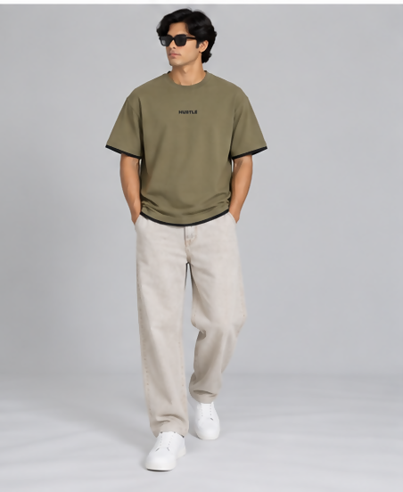 HUSTLE Men's Crew Neck Oversized Tees - Dusty Olive