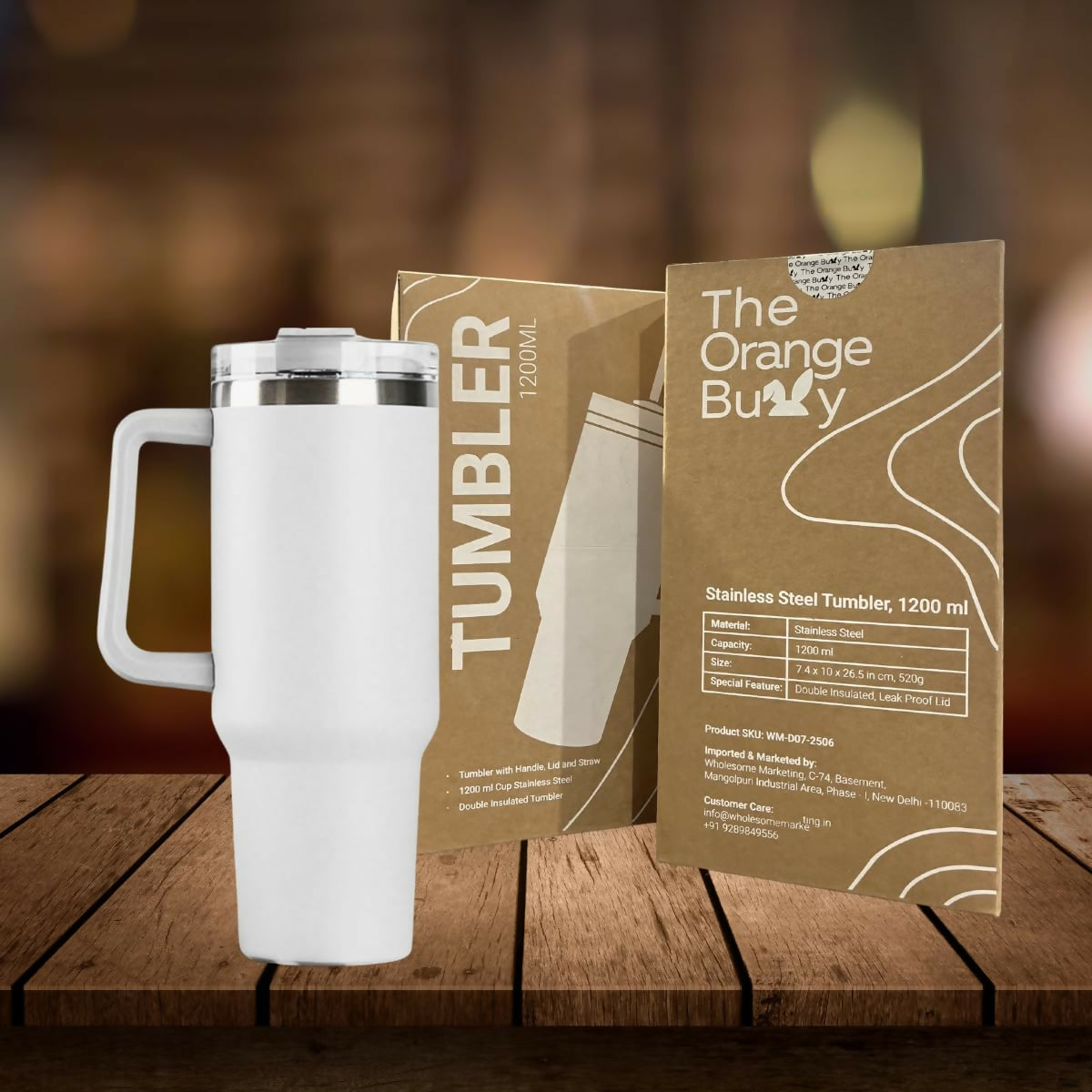 The Orange Bunny Tumbler with Leak-Proof Lid and Plastic Straw, 1200 ml, Stainless Steel Travel Mug with Handle and Straw, Black