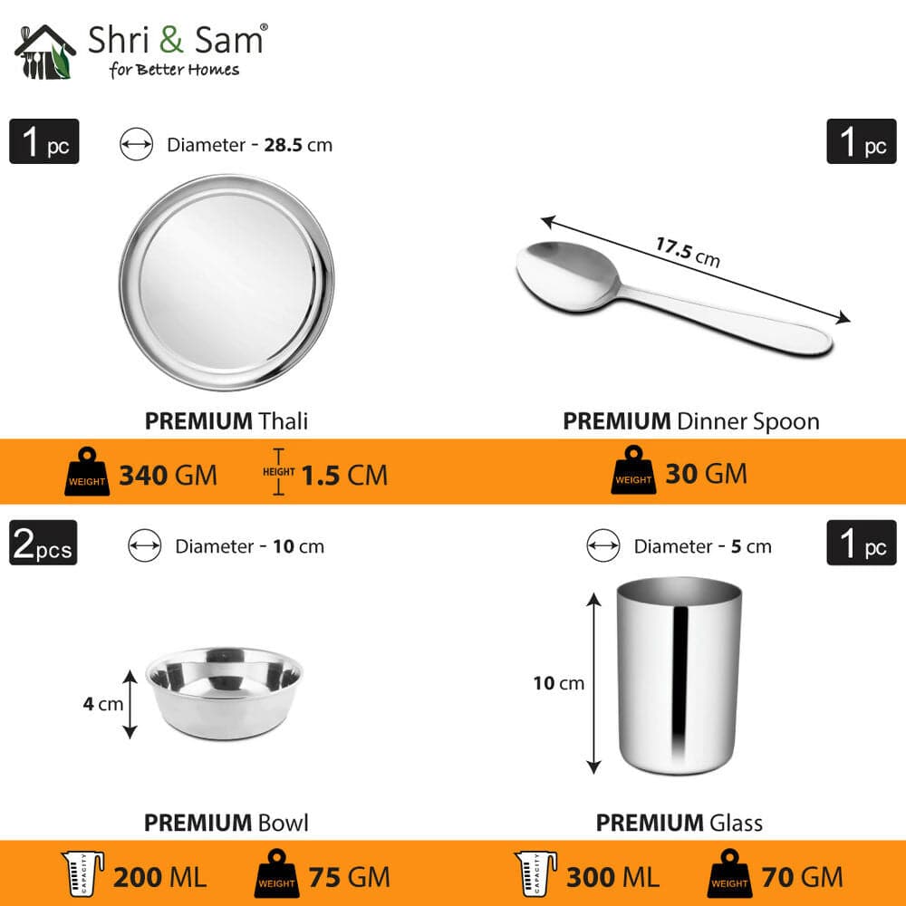 Stainless steel thali set premium (Contains: bhojan plate, spoon, 2 cups, and one glass )