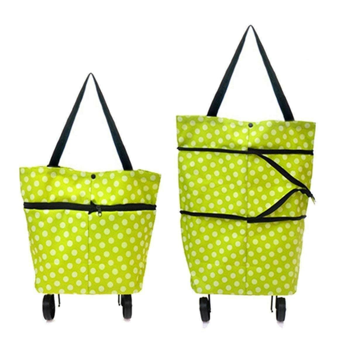 Lightweight Shopping Bag with Foldable Trolley Wheel (Green, single piece) - HalfPe