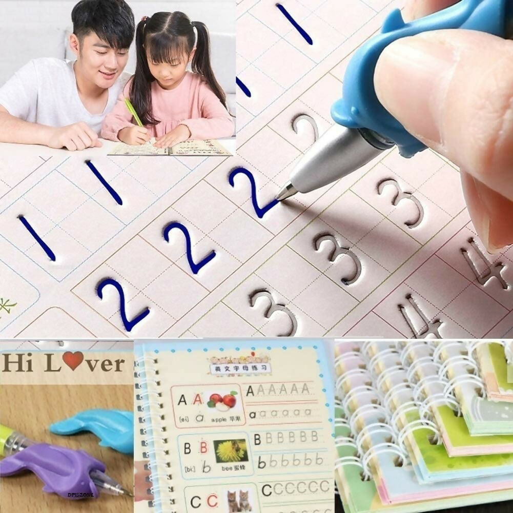 Magic Practice Copybook Set for Kids 4 Reusable Books with Pen, 10 Refills & Grip Number Tracing, Handwriting & Calligraphy Learning Set for Preschoolers
