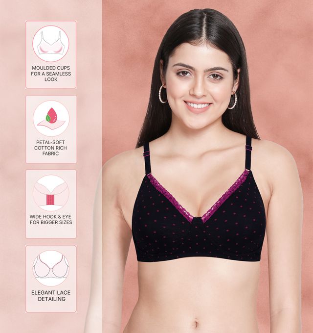 Susie 3/4th Coverage BlackBeauty Dark Pink Polka Printed Adjustable, Non Detachable Non Padded wirefree Bra