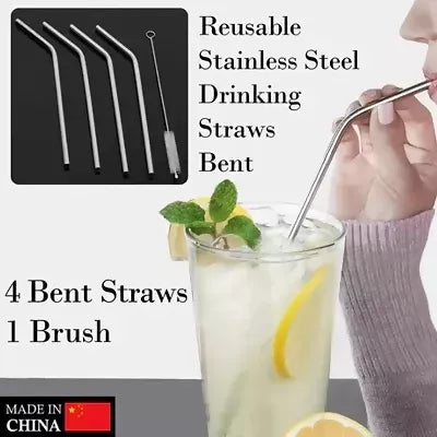 Reusable Stainless Steel Bent Straws (Set of 4) with Cleaning Brush