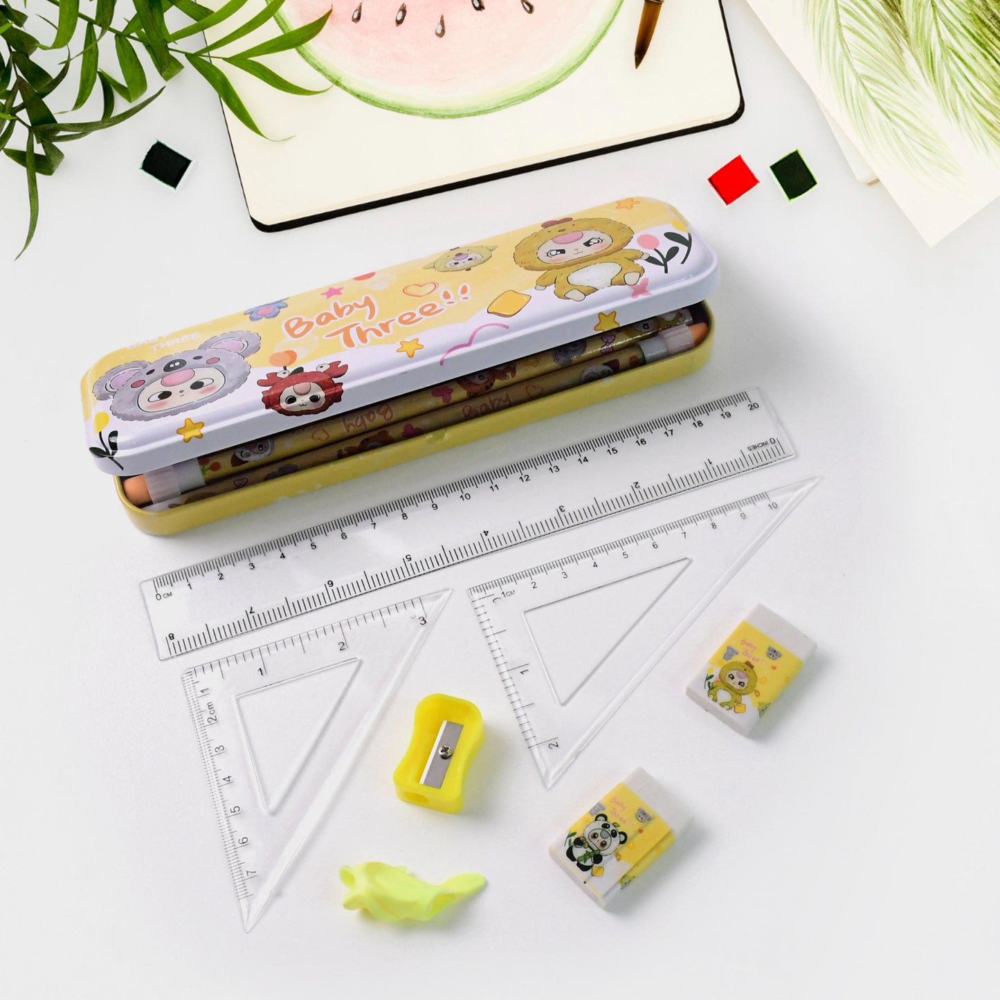 Complete Stationery Geometry Box Set with Pencils, Erasers, Sharpener, Scale, Geometrical Instruments, and Cartoon Printed Metal Pencil Box(1 Set)