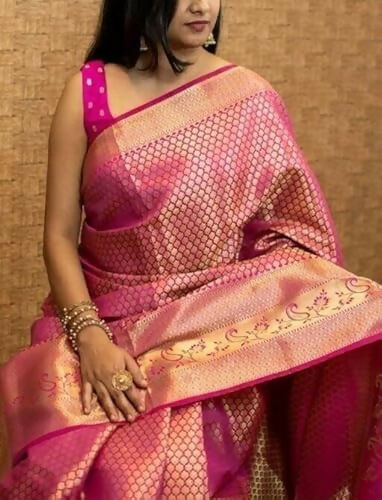 AXONIT Royal Banarasi Silk Saree with Intricate Golden Zari Weaving