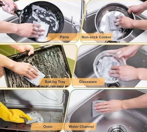 Non-Scratch Double Layer Steel Scrubber Pads Pack of 6 Stainless Steel Dish Cleaning Cloths for Utensils, Sinks & Multipurpose Wet/Dry Use
