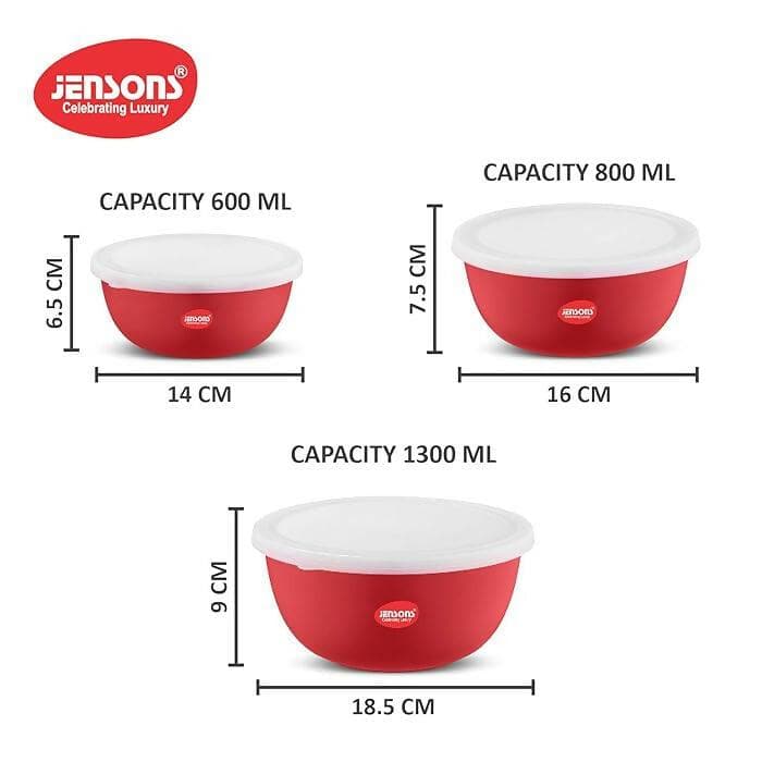 Microwave Bowl Set,Stainless Steel 3 pcs (600 ml + 800 ml + 1300 ml,Red) - HalfPe