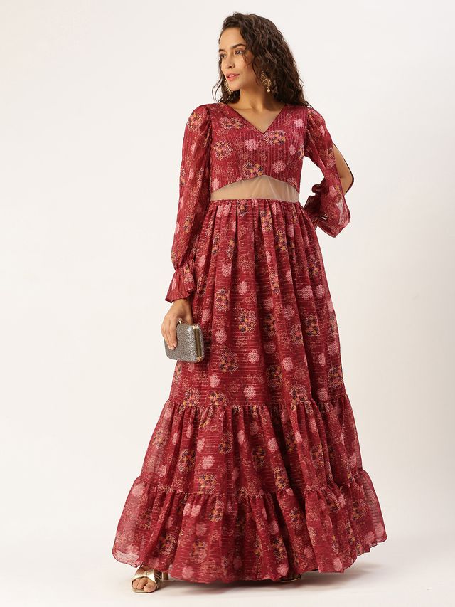 Bollywood Vogue Ready To Wear Wine Georgette Printed Gown