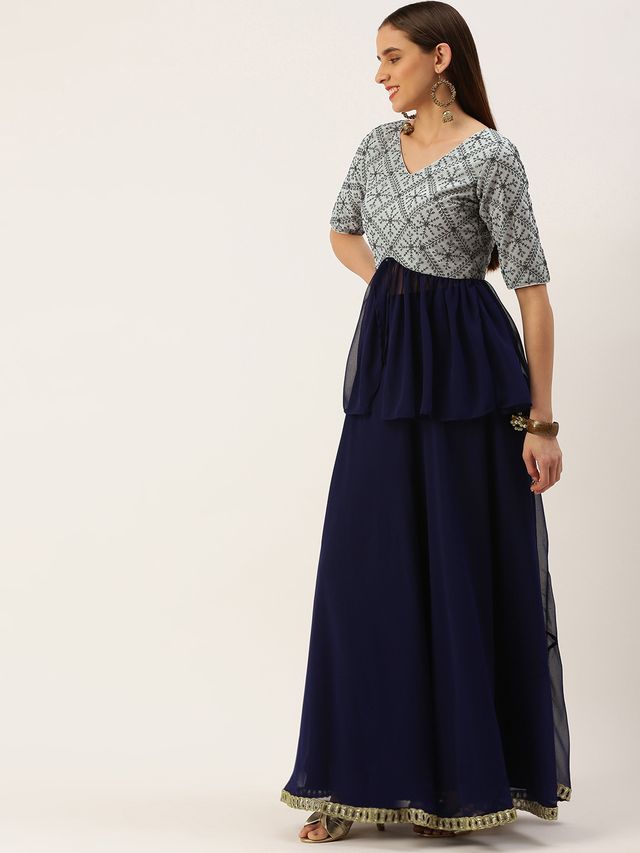Bollywood Vogue Ready To Wear Grey N Blue Long Choli Lehenga Set
