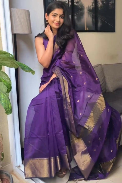 AXONIT Traditional Violet Cotton Saree Crafted with Delicate Golden Zari Butti and Royal Border
