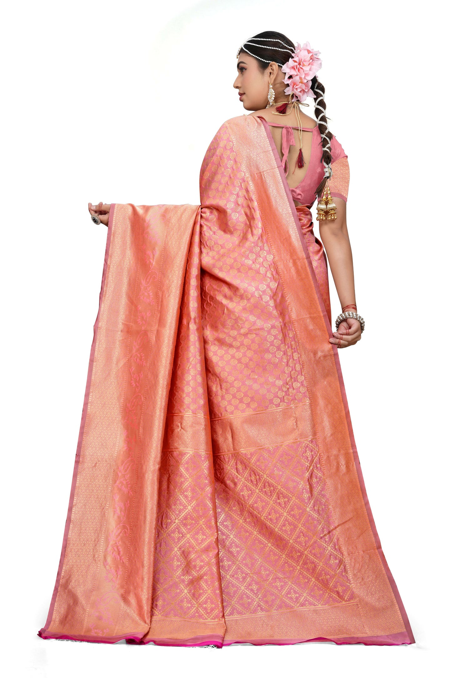 AXONIT Royal Banarasi Silk Saree with Intricate Golden Zari Weaving
