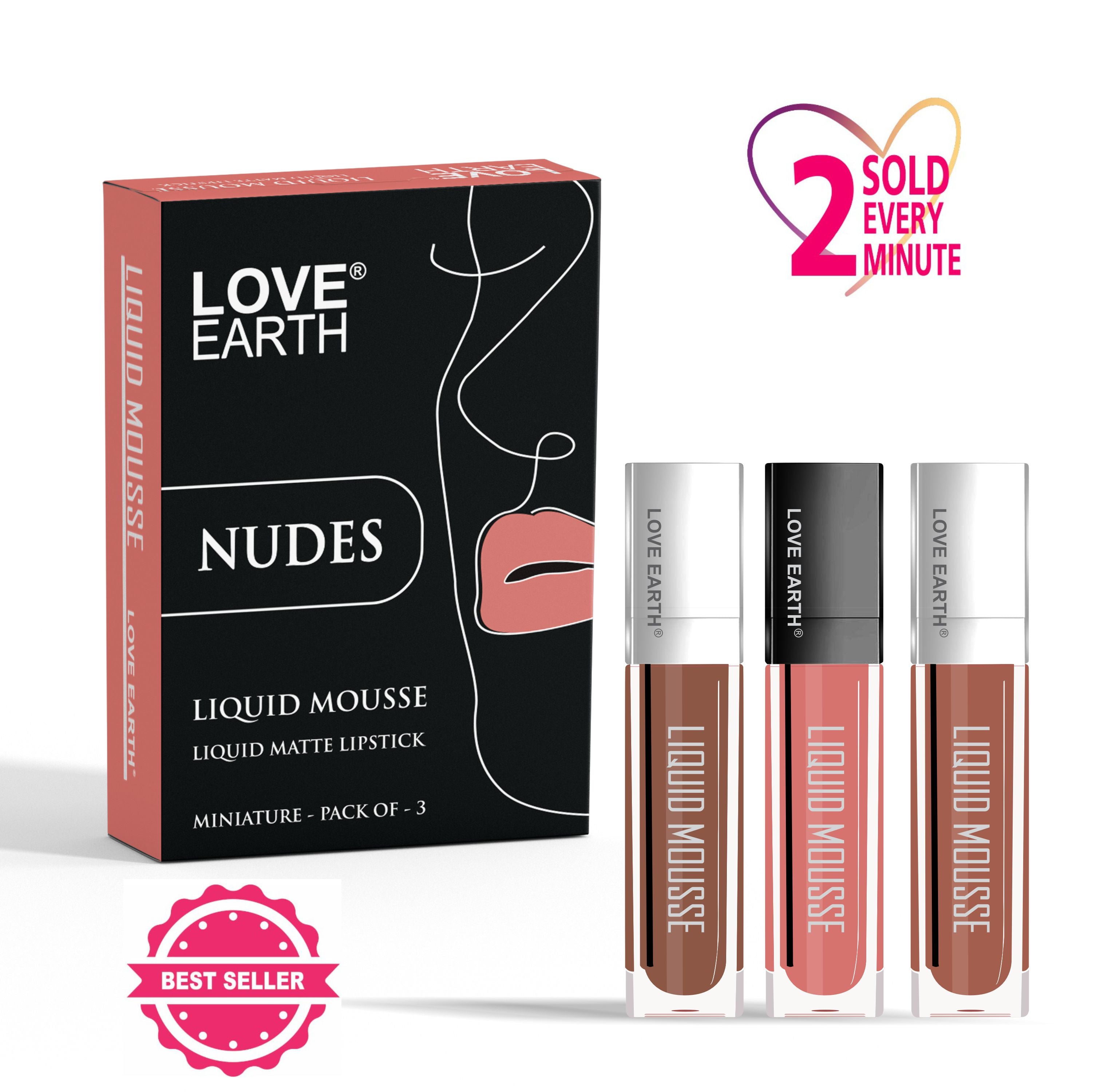 Love Earth Liquid Mousse Lipstick Nudes Matte Finish Mini Combo Pack | Lightweight, Non-Sticky, Non-Drying,Transferproof, Waterproof Lipstick Set | (2Ml X 3) 6ML