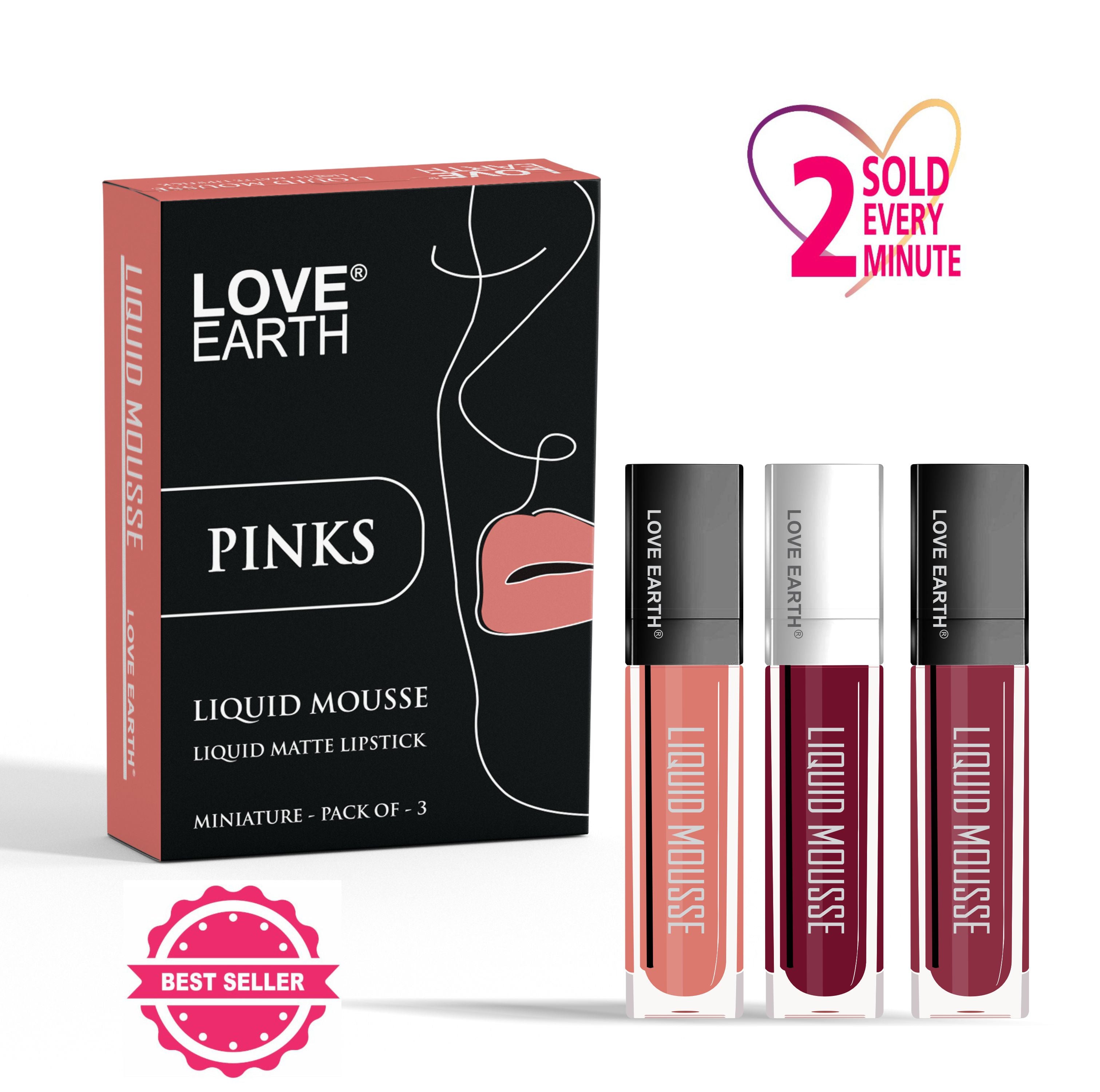 Love Earth Liquid Mousse Lipstick Pinks Matte Finish Mini Combo Pack | Lightweight, Non-Sticky, Non-Drying,Transferproof, Waterproof Lipstick Set | (2Ml X 3) 6ML