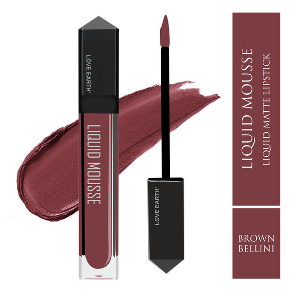 Love Earth Liquid Mousse Lipstick - Brown Bellini Matte Finish | Lightweight, Non-Sticky, Non-Drying,Transferproof, Waterproof | Lasts Up to 12 hours with Vitamin E-6ml